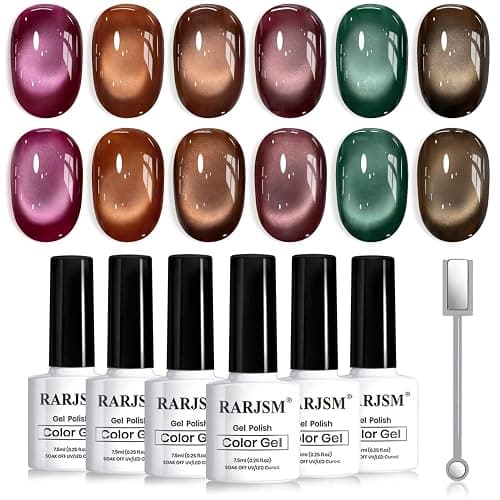 RARJSM Cat Eye Gel Nail Polish Set 6Pcs Dark Amber Ceramics Glitter Plum Purple Orange Brown Burgundy Red Deep Olive Green Jelly Glassy Cateye Gel Polish with Magnetic Stick Curing Require Home Salon - Image 1