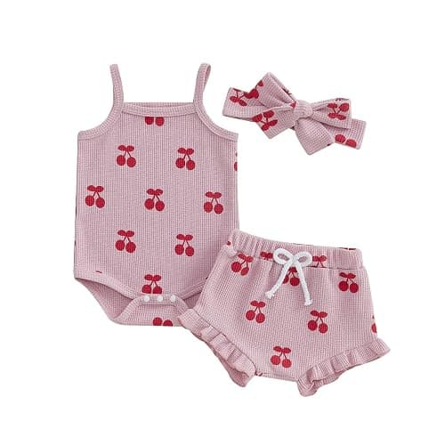 Kaipiclos Cherry Baby Outfit Newborn Infant Girl Clothes Rib Knit Romper & Shorts Waffled Baby Clothes for Girls 0 3 6 12 18M - Image 1