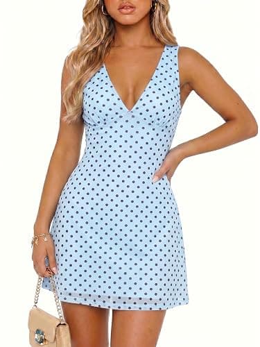 Wenrine Womens Summer Polka Dot Mini Dress Mesh Sexy V Neck Sleeveless Party Going Out Club A Line Short Dresses - Image 1