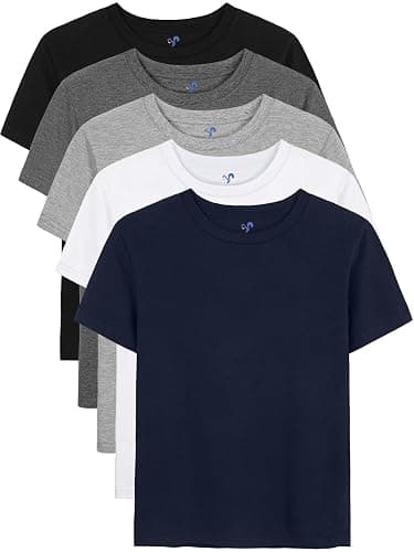 YERIOK 5 Pack Boys Shirts Short Sleeve Shirts for Boys Cotton T-Shirts Kids Toddler Tshirts Tees Clothes Summer Tops - 10-12 Years - Black, Dark Gray, Navy Blue, Light Gray, White - Image 1