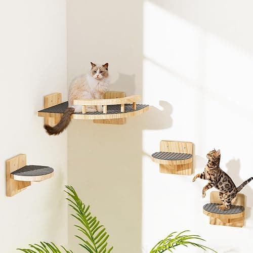 4 Packs Cat Wall Shelves, Corner Climbing Shelf Perches, Cat Bed Wall Mounted with 3 Steps, Wall Furniture for Resting Space Saving, Gift for Medium/Small Cats - Wooden - Image 1