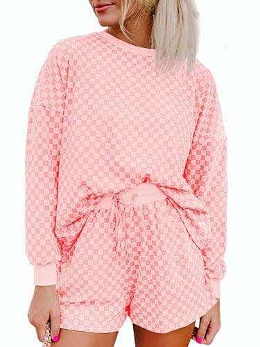 Tankaneo Womens 2 Piece Outfits Oversized Long Sleeve Checkered Plaid Tops Elastic Waist Shorts 2026 Pajama Sets Loungewear - Image 1