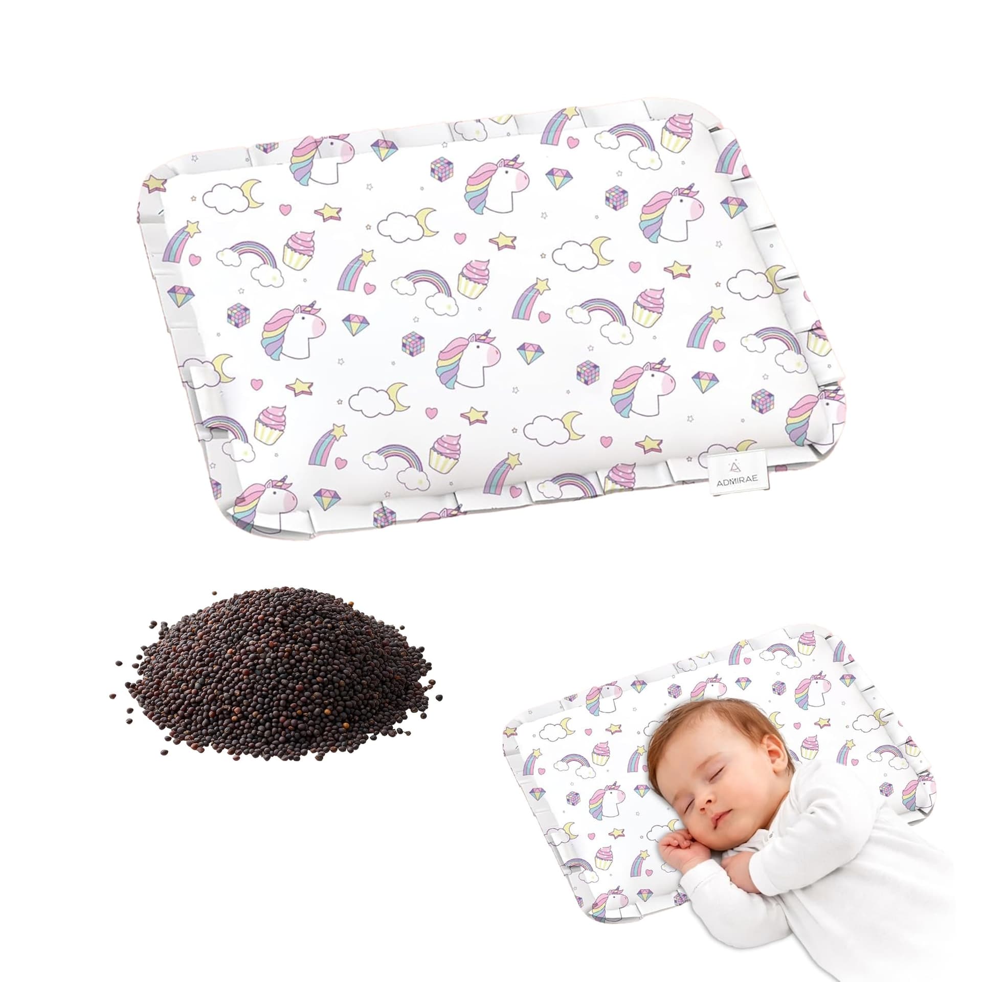 Rai Mustard Seeds Pillow for Baby Head & Neck Comfort, Soft Cotton Cover with Inner Lining, Lightweight Flat Pillow for Resting & Gifting for Baby Shower, 28 x 21.5 x 2cm | Unicorn Print - Image 1
