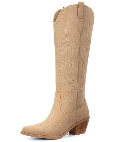 Pasuot Western Cowboy Boots for Women - Knee High Wide Calf Cowgirl Boots with Embroidery, Pointed Toe Chunky Heel Retro Classic Pull On Tall Boot for ladies Party Concert - Image 1