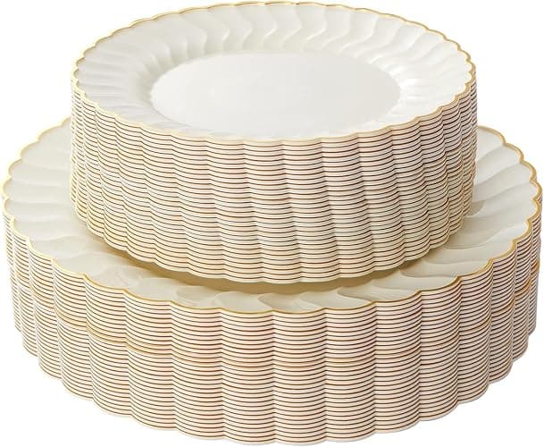 Lullaby 96PCS Ivory Scalloped Plastic Plates with Gold Rim, Disposable Elegant Plates Include 48pcs Dinner Plate 10.25", 48pcs Dessert Plate 7.5", Perfect for Daily Use, Wedding and Party - Image 1