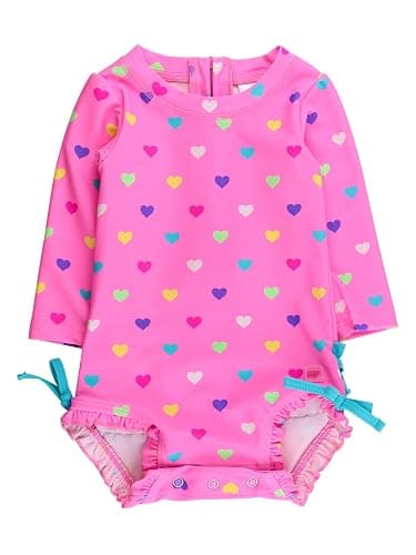 RuffleButts Baby Girls UPF 50+ Sun Protection Polka Dot Long Sleeve One Piece Rash Guard Swimsuit with Zipper - Image 1