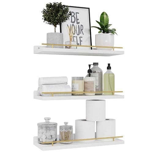 WOPITUES Floating Shelves with Gold Metal Guardrail, Shelves for Wall Decor Set of 3, Wall Shelves for Bedroom, Bathroom, Kitchen, Living Room, Plants, Picture Frames, Art- White and Gold - Image 1