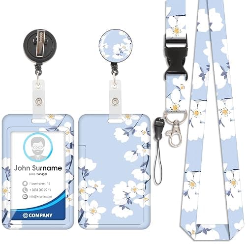 Porte-Cartes avec Cordon Fleuri Blanc, Badge D'Identification, Porte-Cartes avec Cordon, Cordon Détachable avec Clip Rétractable pour Cartes de Visite, Cartes D'EntréE, Cartes D'Identité - Image 1