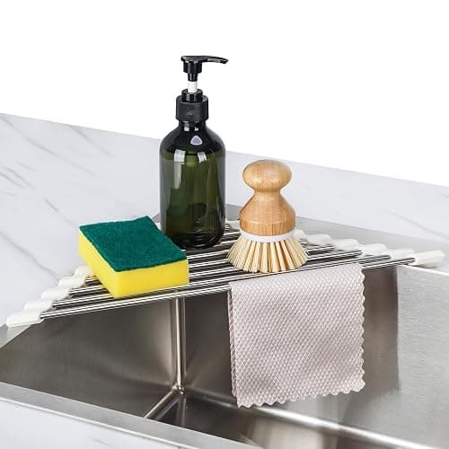Tomorotec Triangle Roll-Up Dish Drying Rack Sink Corner Small Foldable Stainless Steel Over The Sink Multipurpose Kitchen Drainer Caddy Organizer Storage Shelf Holder (Coconut Milk White) - Image 1