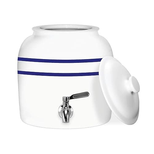 Geo Sports Porcelain Ceramic Crock Water Dispenser, Stainless Steel Faucet, Valve and Lid Included. Fits 3 to 5 Gallon Jugs. (Blue Stripe) - Image 1