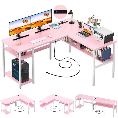 Unikito Reversible L Shaped Desk with Magic Power Outlets and USB Charging Ports, Sturdy Corner Computer Desk with Storage Shelves, Gaming Table Home Office Desk, Easy to Assemble, Pink - Image 1