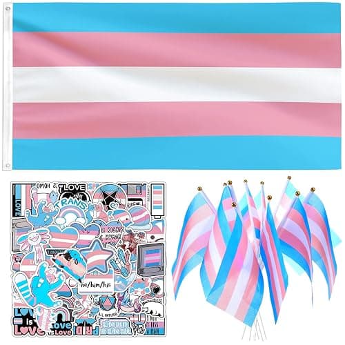 Mindsoft Transgender Pride Flag and Sticker Pack Include 3 x 5 ft Transgender Flag and 10 Pcs 5.51" x 8.27" Mini Rainbow Signs with 60 Pride Stickers - Image 1