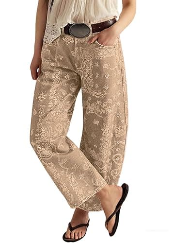 loveimgs Women Boyfriend Baggy Barrel Jeans Floral Print Denim Ankle Pants Wide Leg Mid Rise Jeans Sweatpants Y2k Patchwork - Image 1