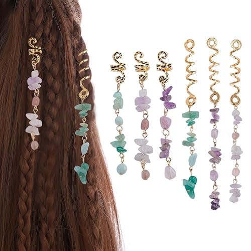 FRDTLUTHW Colored Natural Stone Pendant Hair Jewelry for Braids, Crystal Dreadlock Accessories for Women(pack of 6) - Image 1