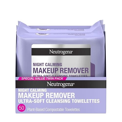 Neutrogena Night Calming Makeup Remover Face Wipes, Nighttime Cleansing Towelettes Remove Sweat, Dirt & Makeup & Calms Skin, Hypoallergenic, 100% Plant Based Cloth, 50 Count (2 Packs of 25) - 50 Count (Pack of 1) - Image 1