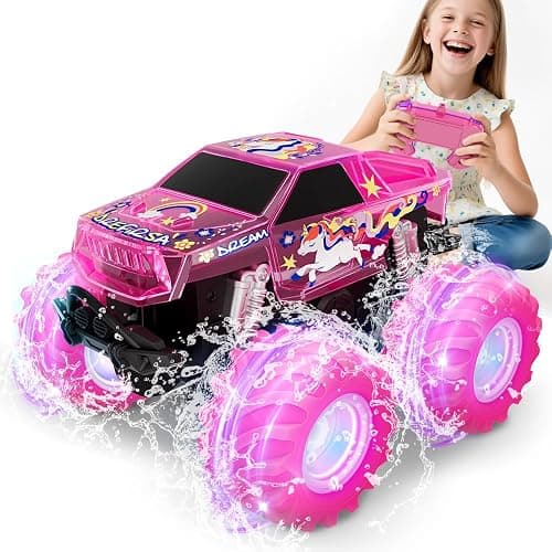 Drefirsa Pink Monster Truck, Unicorn Remote Control Car, 4WD All Terrain Off-Road Girl RC Truck with Colorful Light, Waterproof Remote Car Toy for 6 7 8 9 10 11 12 Year Old Girl Birthday Gift - Image 1