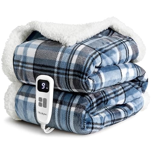 blunique Heated Blanket Electric Throw-50''x60''Ultra Soft Cozy Plaid Flannel Fast Heating Electric Blanket with 10 Heat Levels & 10 Hours Auto Off, ETL Certified, Keep Warm in Couch Bed Office(Blue) - Image 1