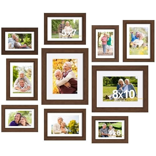 Povrgive Picture Frames Set of 10-8x10, 5x7, 4x6 Photo Frames, Gallery Frame Set for Collage Wall Decor, Wood Frame with Glass Front and Mat Options for Wall and Tabletop Display, Brown - Image 1