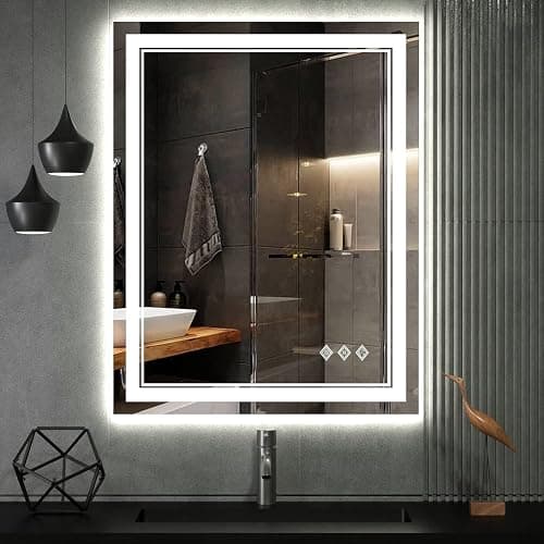 VanPokins LED Bathroom Mirror, 24x32 Inch Gradient Front and Backlit LED Mirror for Bathroom, 3 Colors Dimmable CRI>90 Double Lights, IP54 Enhanced Anti-Fog, Hanging Plates Vanity Mirror with Lights - Image 1