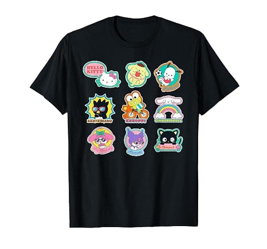 SANRIO Hello Kitty and Friends Supercute Stickers Unisex Adult Child T-Shirt Black Small Classic Fit Crew Neck Short Sleeve Cotton 60% Polyester 40% - Image 1