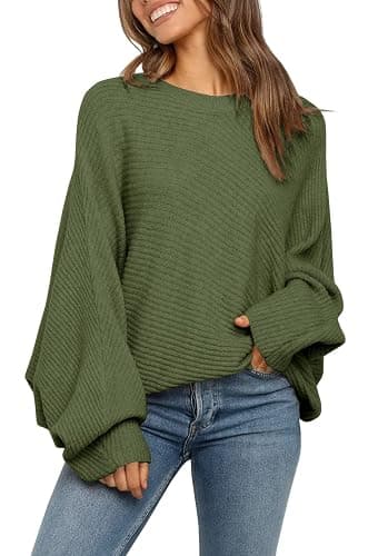 Mafulus Women's Oversized Crewneck Sweater Batwing Puff Long Sleeve Cable Slouchy Pullover Jumper Tops - Image 1