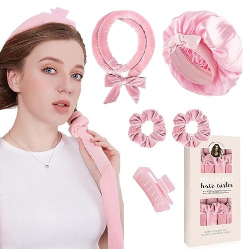 Boucle Sans Chaleur, Set Boucles Sans Chaleur avec Bonnet Cheveux,Bandeau de bigoudis Sans Chaleur,Bigoudi Boucle Cheveux de Sommeil Doux pour Cheveux Moyens et Longs-Rosa - Image 1