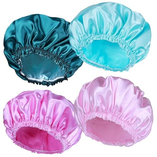 Shower Caps for Women, 4 PCS Elastic and Reusable Bath Caps, Double Waterproof Layers Shower Cap, Bathing Shower Caps, Environmental Protection Hair Bath Hat - Solid Color - Image 1