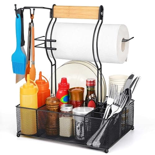 FANGSUN Grill Caddy, BBQ Caddy with Paper Towel Holder, Picnic Condiment Utensil Caddy for Outdoor Camping, Barbecue Accessories Storage Organizer for Griddle Grilling Tool, Rv Patio Camper Must - Black - Image 1