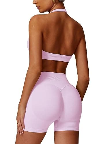 ABOCIW Workout Sets for Women 2 Piece seamless Halter Sports Bra Scrunch Butt Impact Shorts Gym Yoga Outfits - Image 1