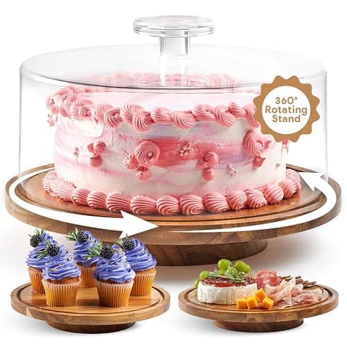 HOMESPHERE Rotating Cake Stand With Lid - 12 Inch Round Cake Holder with Cover, 4” Tall, Acacia Wood Spinning Cake Turntable for Decorating, Display and Serving Platter, Acrylic Cake Dome, No Glass - Image 1
