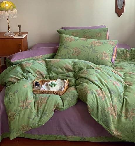 VM VOUGEMARKET Linen Cotton Jacquard Duvet Cover Queen,3 Pcs Yarn-Dyed Textured Duvet Cover Set Green Purple Floral Bedding Breathable, Natural Wrinkled Look-No Comforter - Image 1