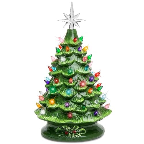 Best Choice Products 15in Ceramic Christmas Tree, Pre-lit Hand-Painted Tabletop Holiday Tree, Star Topper, 64 Lights - Green w/Multicolored Bulbs - Image 1