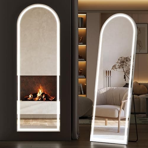 Sweetcrispy Arched Full Length Mirror with LED Lights, 63"x21" Lighted Full Body Floor Mirror with Dimming & 3 Color Lighting, Stand for Bedroom, Dressing Room, White - Image 1