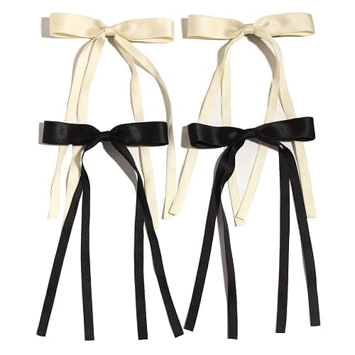 4pcs Hair Clips for Women Tassel Ribbon Bowknot With Long Tail, Clip Girl, Solid Accessories Barrettes Claw Bow (Black&Beige) - Image 1