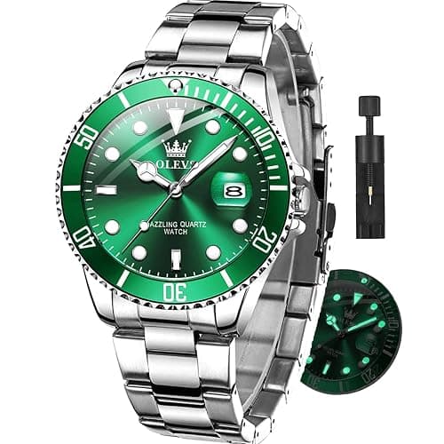 OLEVS Watches for Men with Date Luxury Big Face Waterproof Mens Wristwatch Analog Dress Two Tone Stainless Steel Man Watch Luminous Relojes De Hombre Calendar(Green/Blue/Black Dial - Image 1