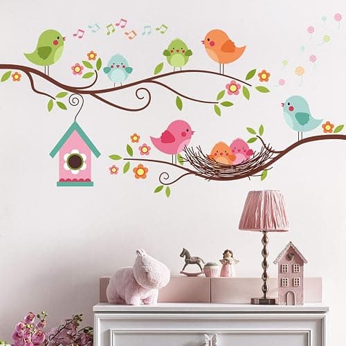 Robin Bird and Tree Branch Wall Stickers, Colorful Cute Cartoon Lovely Birds Singing On The Branch with Flowers Wall Decal, DILIBRA Removable DIY Mural Decorations for Living Room Bedroom Baby Room - Image 1