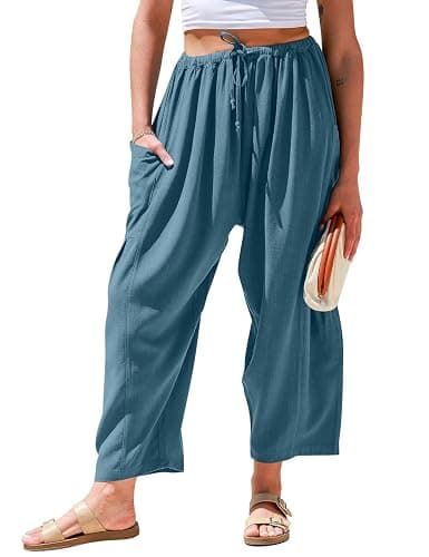 TARSE Womens Linen Wide Leg Pants Casual Loose Drawstring Summer Beach Travel Vacation Palazzo Harem Pants with Pockets - Image 1