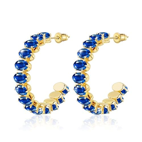 Linawe Hypoallergenic Stainless Steel Chunky Hoop Earrings for Women, Gold/Silver Tones, Birthstone Rhinestone Imitation Diamond Crystal Cubic Zirconia Large Half Hoop Earrings - Image 1