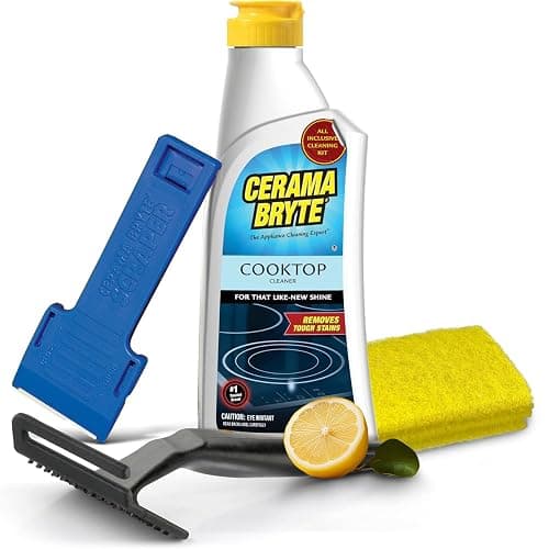 Cerama Bryte Glass Cooktop and Stove Top Cleaner Combo Kit - Includes Cleaning Tool, Razor, Scraper and 3 Pads to Remove Tough Stains - Use on Gas, Electric, Ceramic Surfaces, 10 Ounces, 6 Piece - Image 1