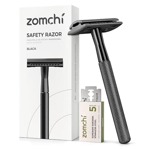 ZOMCHI Safety Razor for Men with 5 Double Edge Safety Razor Blades, One Blade Safety Razor, Metal Razor Zero Waste – Black - Image 1