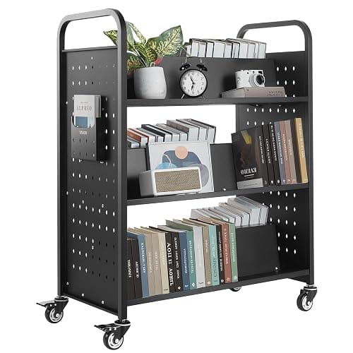 VEVOR Rolling Library Book Cart, 330 lbs Capacity, 38.2 x 20.3 x 48.2-Inch Library Cart, Double Sided W-Shaped Shelves with 3-Inch Lockable Wheels, Book Truck for Home Shelves Office and School, Black | Book Truck for Home Shelves, Office, and School, Double Sided W-Shaped Shelves, Flexible with 3-Inch Lockable Wheels, Black - Image 1