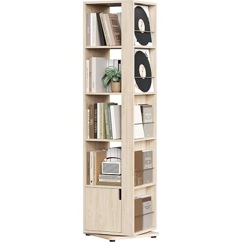 Yaheetech 5-Tier Rotating Bookshelf with Adjustable Shelves, Natural Wood | 360° Rotating Design | Adjustable Shelves | Closed Storage | Square Space-Saving Design | Home Office & Living Room - Image 1