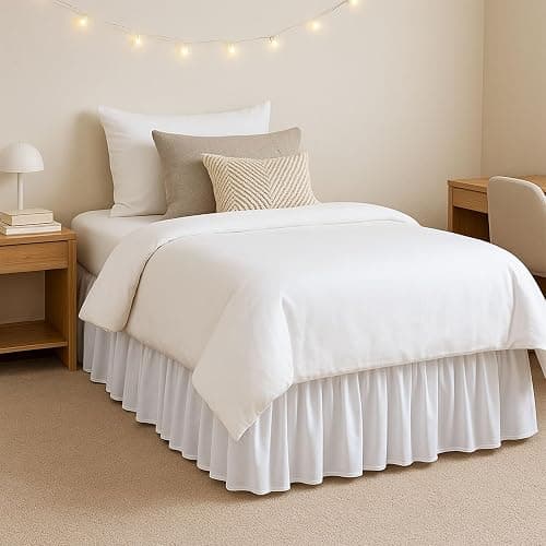 SlumberWell Microfiber Extra Long Ruffled Bed Skirt for Collage Dorm Room, Three Sided Panel, Easy Fit & Stylish for Beds, Twin XL 32 Inch Drop, White - Image 1