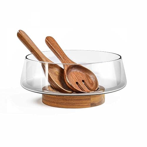 KITEISCAT Extra Large Glass Salad Bowl Set - Party Salad Bowls with Acacia Wood Base and Serving Utensils - Elegant and Practical Kitchen Must-Have - Image 1