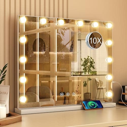 Saimeihome Hollywood Vanity Mirror with Lights 50 x 42 cm, Hollywood Mirror with 3 Color Modes, 14 Dimmable LED, USB & Type-C Ports, Touch Control Makeup Mirror for Bedroom Tabletop or Wall Mounted - Image 1