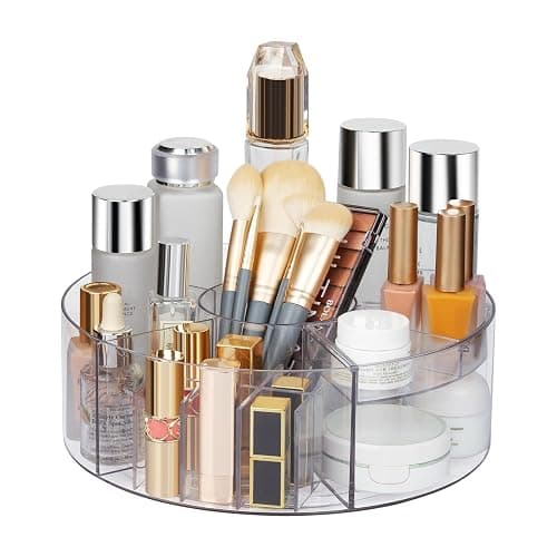 360° Rotating Makeup Organizer, 10" Clear Turntable Lazy Susan Organizer for Vanity, Bathroom Counter, Cabinet, Spinning Cosmetic Storage Holder with 6 Dividers for Skincare, Makeup Brushes, Lipsticks - Image 1