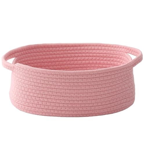 JMvicyroam Woven Basket,Small Rope Storage Bin with Handles & Ribbon Bag, Organizer for Shelves Closets,Gift Basket Empty for Birthday,Books,Dog Toys, Pink - Image 1