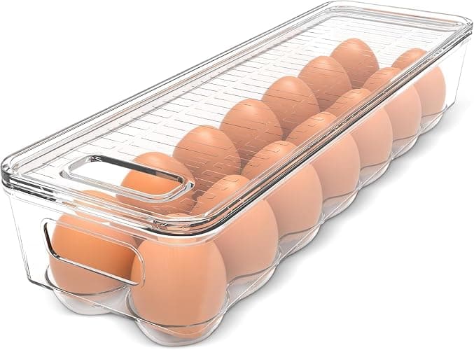 KICHLY Pack of 1 - Egg storage for fridge - Egg Holder for Fridge - 14 Egg Container With Lid & Handle, Egg Container For Refrigerator, Stackable Plastic Egg Tray with Lids (Clear) - Image 1