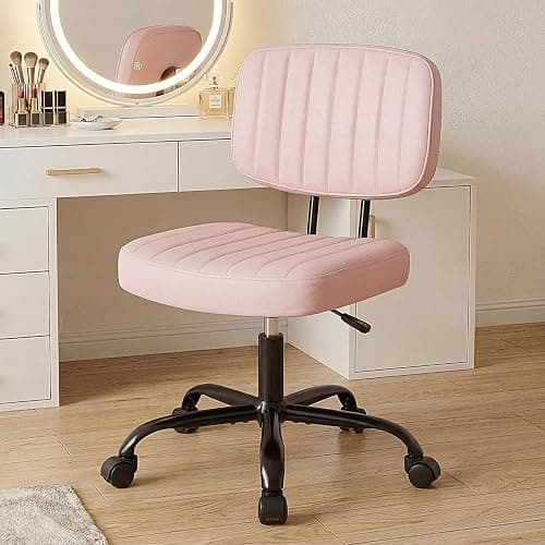 DUMOS Armless Home Office Chair: Small Desk Chair with Low Back Lumbar Support, Height Adjustable PU Leather Computer Task with 360° Swivel Wheels, for Adults, Pink - Image 1