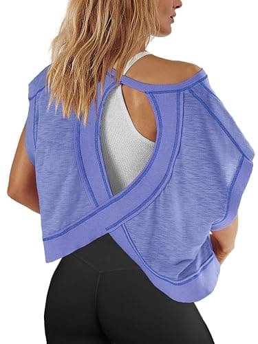 Panadila Womens Open Back Workout Top Oversized Workout T Shirts Backless Athletic Shirt Short Sleeve Baby Tee - Image 1